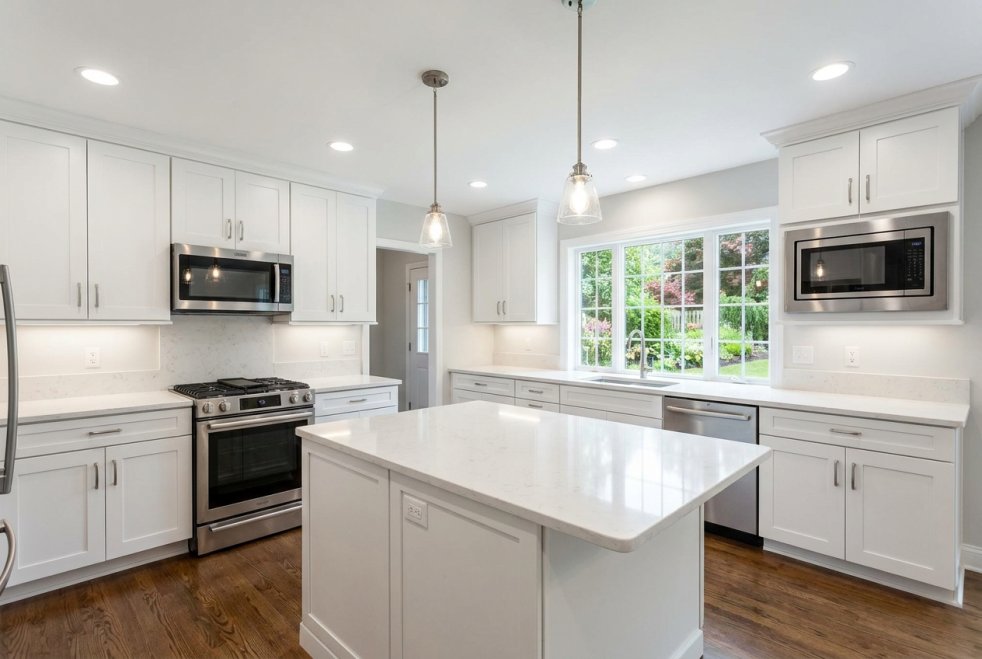 Bright updated white kitchen with island, stainless steel appliances, pendant lights, and large window
